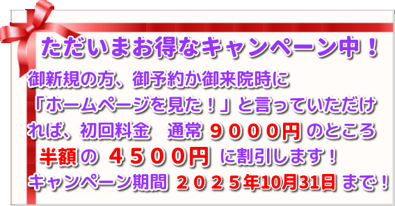 こがねいカイロ「仲秋の腰痛・肩こりキャンペーン」　ただいま初回施術料９０００円→４５００円にて施術！