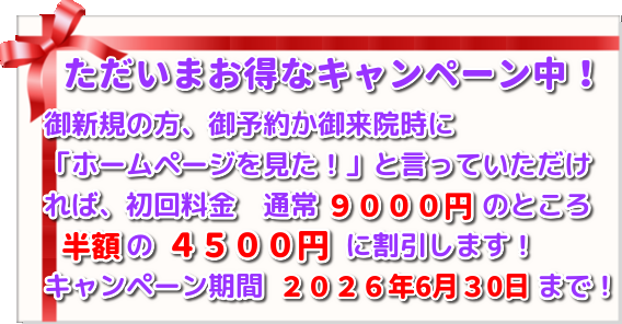 こがねいカイロ「入梅の腰痛・肩こりキャンペーン」　ただいま初回施術料９０００円→４５００円にて施術！
